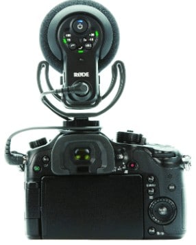 Rode VideoMic Pro+ attached to the camera