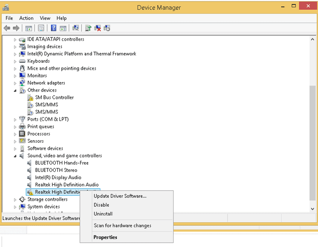 Right-click on the audio driver and click uninstall