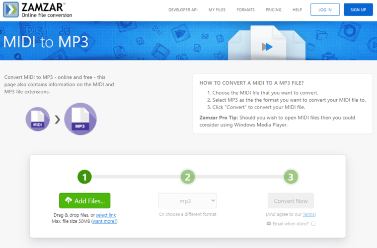Zamzar Mp3 to MIDI Converters