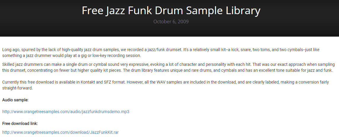 Free jazz-funk drum sample library by orange tree samples