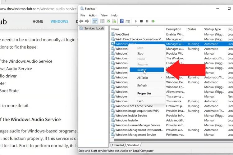 Restart the windows audio service